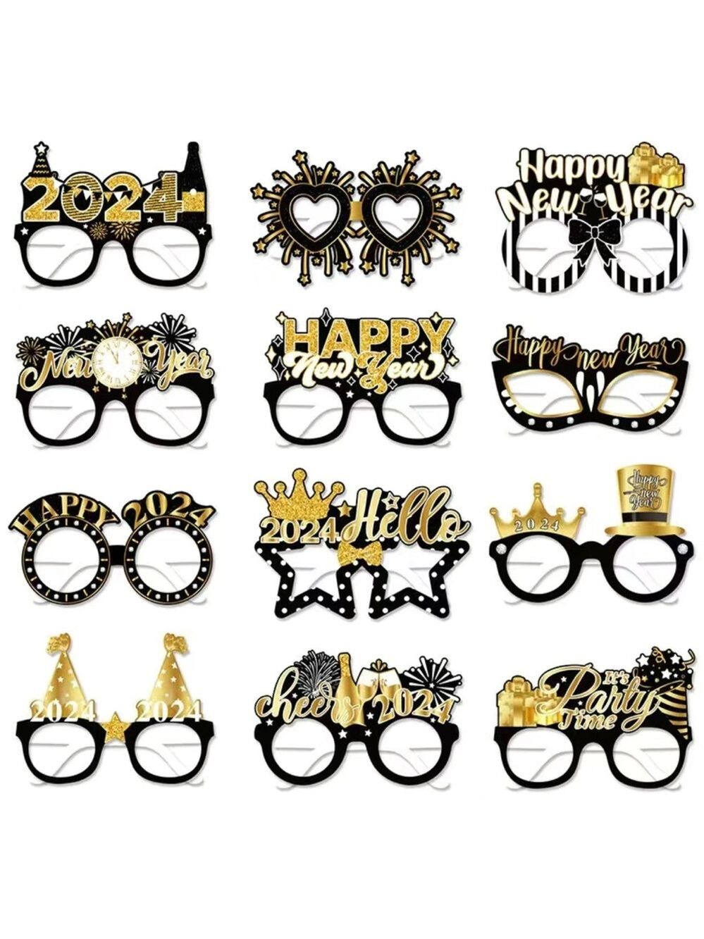 Set of 12 Black & Gold 2024 New Years Photo Prop Glasses